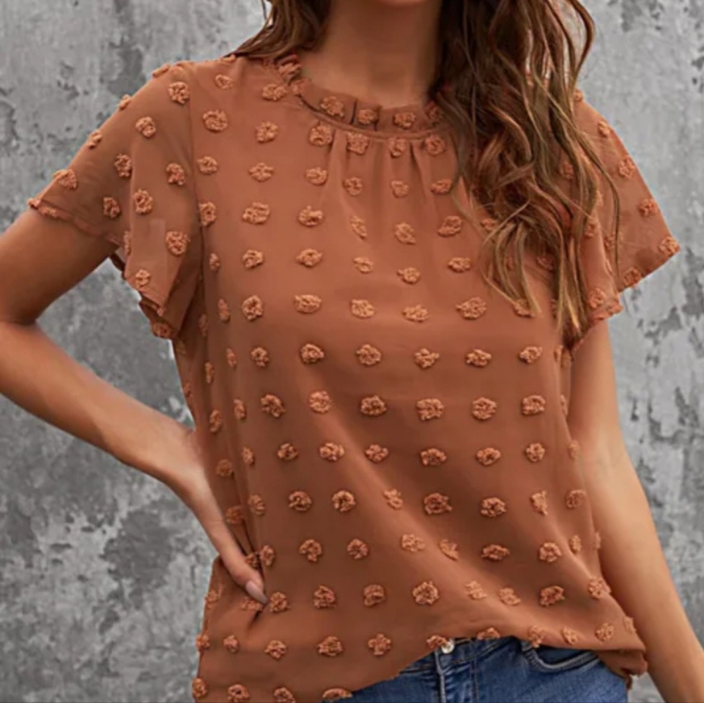 Brown Ruffled Sleeve Swiss Dot BlouseWoman's Size Large